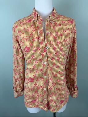 Anthro: Odille button-up gingham w/ pink embroidery eyelet floral 8 fits like Sm
